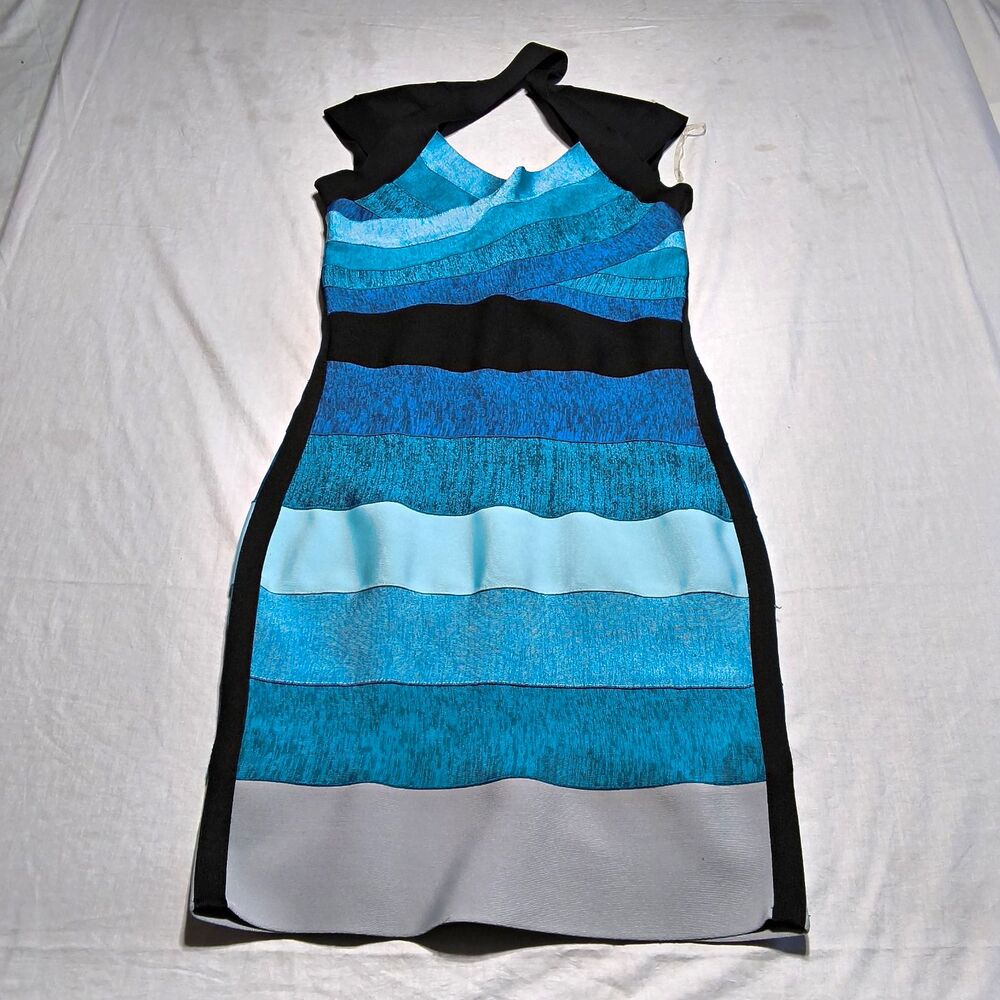 VENUS Striped Halter Sheath Dress M Blue Black Gray Knee Length Zip Zipper